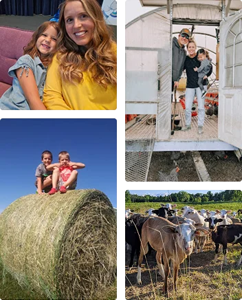 Moments from family life on the farm: Jordyn with one of her daughters, two kids on a hay bale, the family at the chicken coop, and cattle in the field